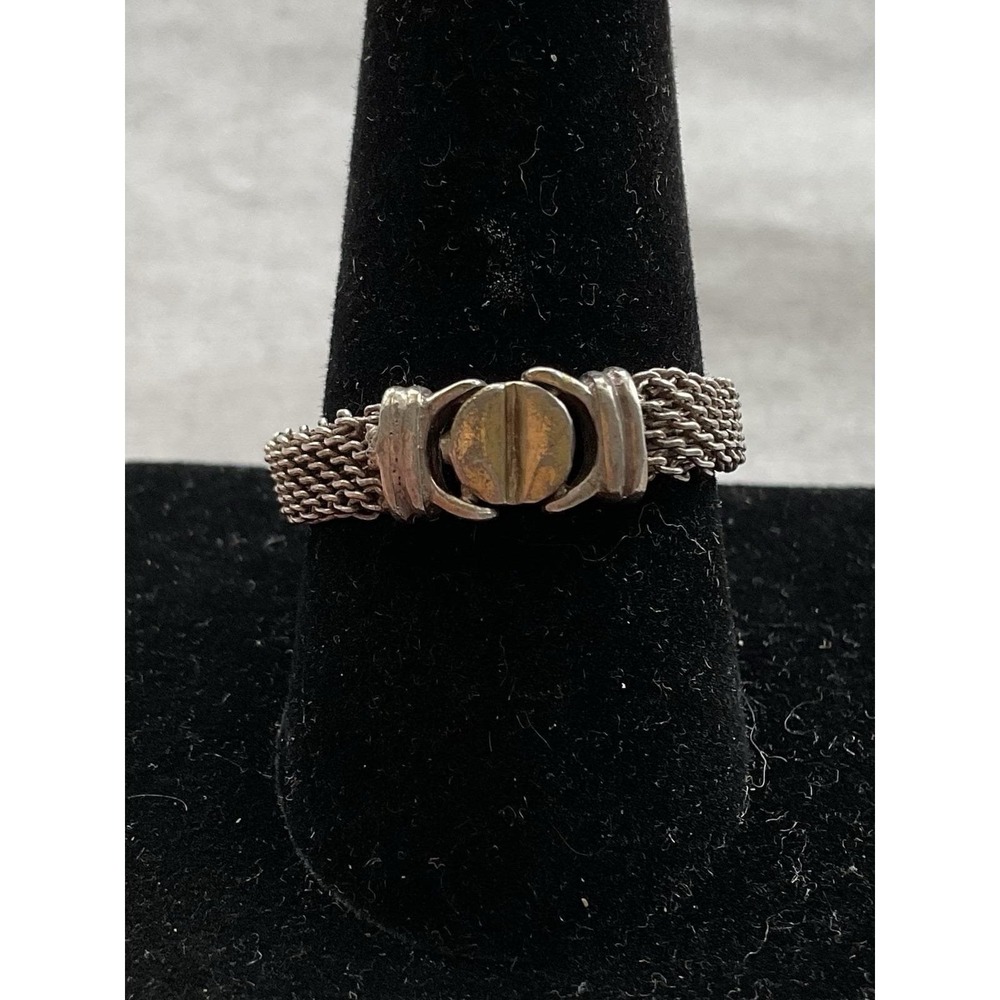 Italy 925 Sterling Silver Mesh Ring Band Size 10.5 Gold Tone Center Accent VTG